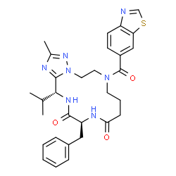 ChemSpider 2D Image | (13S,16R)-7-(1,3-Benzothiazol-6-ylcarbonyl)-13-benzyl-16-isopropyl-2-methyl-5,6,7,8,9,10,12,13,15,16-decahydro[1,2,4]triazolo[1,5-d][1,4,7,10]tetraazacyclotetradecine-11,14-dione | C30H35N7O3S