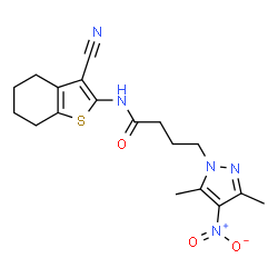 ChemSpider 2D Image | N-(3-Cyano-4,5,6,7-tetrahydro-1-benzothiophen-2-yl)-4-(3,5-dimethyl-4-nitro-1H-pyrazol-1-yl)butanamide | C18H21N5O3S
