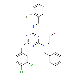 ChemSpider 2D Image | 2-(Benzyl{4-[(3,4-dichlorophenyl)amino]-6-[(2-fluorobenzyl)amino]-1,3,5-triazin-2-yl}amino)ethanol | C25H23Cl2FN6O