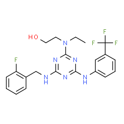 ChemSpider 2D Image | 2-[Ethyl(4-[(2-fluorobenzyl)amino]-6-{[3-(trifluoromethyl)phenyl]amino}-1,3,5-triazin-2-yl)amino]ethanol | C21H22F4N6O