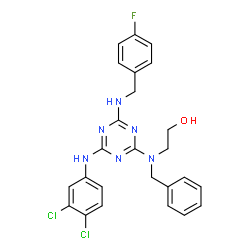 ChemSpider 2D Image | 2-(Benzyl{4-[(3,4-dichlorophenyl)amino]-6-[(4-fluorobenzyl)amino]-1,3,5-triazin-2-yl}amino)ethanol | C25H23Cl2FN6O