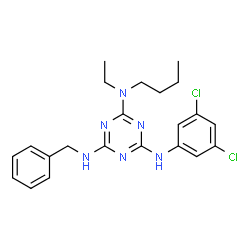 ChemSpider 2D Image | N~4~-Benzyl-N~2~-butyl-N~6~-(3,5-dichlorophenyl)-N~2~-ethyl-1,3,5-triazine-2,4,6-triamine | C22H26Cl2N6