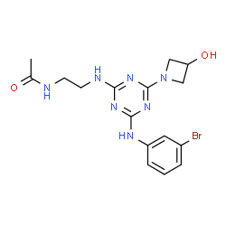 ChemSpider 2D Image | N-[2-({4-[(3-Bromophenyl)amino]-6-(3-hydroxy-1-azetidinyl)-1,3,5-triazin-2-yl}amino)ethyl]acetamide | C16H20BrN7O2