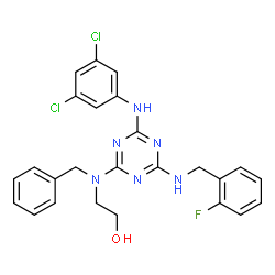 ChemSpider 2D Image | 2-(Benzyl{4-[(3,5-dichlorophenyl)amino]-6-[(2-fluorobenzyl)amino]-1,3,5-triazin-2-yl}amino)ethanol | C25H23Cl2FN6O