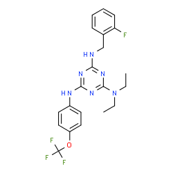 ChemSpider 2D Image | N~2~,N~2~-Diethyl-N~4~-(2-fluorobenzyl)-N~6~-[4-(trifluoromethoxy)phenyl]-1,3,5-triazine-2,4,6-triamine | C21H22F4N6O