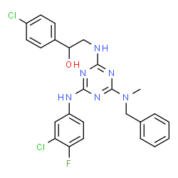 ChemSpider 2D Image | 2-({4-[Benzyl(methyl)amino]-6-[(3-chloro-4-fluorophenyl)amino]-1,3,5-triazin-2-yl}amino)-1-(4-chlorophenyl)ethanol | C25H23Cl2FN6O