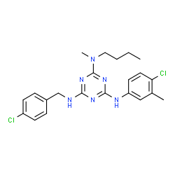 ChemSpider 2D Image | N~2~-Butyl-N~4~-(4-chlorobenzyl)-N~6~-(4-chloro-3-methylphenyl)-N~2~-methyl-1,3,5-triazine-2,4,6-triamine | C22H26Cl2N6