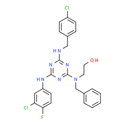 ChemSpider 2D Image | 2-(Benzyl{4-[(4-chlorobenzyl)amino]-6-[(3-chloro-4-fluorophenyl)amino]-1,3,5-triazin-2-yl}amino)ethanol | C25H23Cl2FN6O