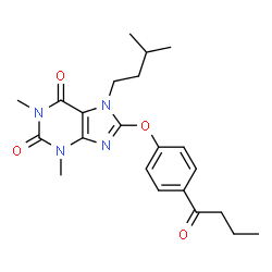 ChemSpider 2D Image | 8-(4-Butyrylphenoxy)-1,3-dimethyl-7-(3-methylbutyl)-3,7-dihydro-1H-purine-2,6-dione | C22H28N4O4