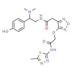 ChemSpider 2D Image | 2-{[4-(2-{[2-(Dimethylamino)-2-(4-hydroxyphenyl)ethyl]amino}-2-oxoethyl)-1,2,5-oxadiazol-3-yl]oxy}-N-(5-methyl-1,3,4-thiadiazol-2-yl)acetamide | C19H23N7O5S