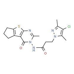 ChemSpider 2D Image | 3-(4-Chloro-3,5-dimethyl-1H-pyrazol-1-yl)-N-(2-methyl-4-oxo-6,7-dihydro-4H-cyclopenta[4,5]thieno[2,3-d]pyrimidin-3(5H)-yl)propanamide | C18H20ClN5O2S
