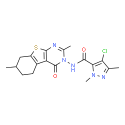 ChemSpider 2D Image | 4-Chloro-N-(2,7-dimethyl-4-oxo-5,6,7,8-tetrahydro[1]benzothieno[2,3-d]pyrimidin-3(4H)-yl)-1,3-dimethyl-1H-pyrazole-5-carboxamide | C18H20ClN5O2S
