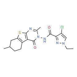 ChemSpider 2D Image | 4-Chloro-N-(2,7-dimethyl-4-oxo-5,6,7,8-tetrahydro[1]benzothieno[2,3-d]pyrimidin-3(4H)-yl)-1-ethyl-1H-pyrazole-3-carboxamide | C18H20ClN5O2S