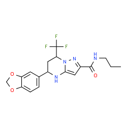 ChemSpider 2D Image | 5-(1,3-Benzodioxol-5-yl)-4,5,6,7-tetrahydro-N-propyl-7-(trifluoromethyl)pyrazolo[1,5-a]pyrimidine-2-carboxamide | C18H19F3N4O3
