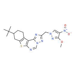 ChemSpider 2D Image | 2-[(3-Methoxy-4-nitro-1H-pyrazol-1-yl)methyl]-9-(2-methyl-2-propanyl)-8,9,10,11-tetrahydro[1]benzothieno[3,2-e][1,2,4]triazolo[1,5-c]pyrimidine | C20H23N7O3S
