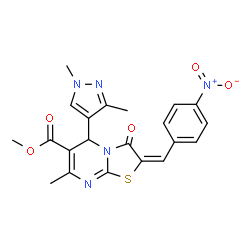ChemSpider 2D Image | Methyl (2E)-5-(1,3-dimethyl-1H-pyrazol-4-yl)-7-methyl-2-(4-nitrobenzylidene)-3-oxo-2,3-dihydro-5H-[1,3]thiazolo[3,2-a]pyrimidine-6-carboxylate | C21H19N5O5S