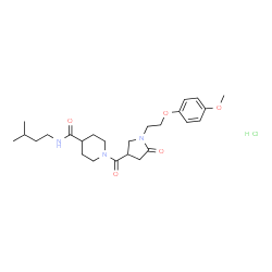 ChemSpider 2D Image | 1-({1-[2-(4-Methoxyphenoxy)ethyl]-5-oxo-3-pyrrolidinyl}carbonyl)-N-(3-methylbutyl)-4-piperidinecarboxamide hydrochloride (1:1) | C25H38ClN3O5