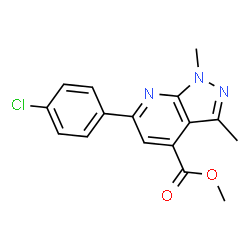 ChemSpider 2D Image | methyl 6-(4-chlorophenyl)-1,3-dimethylpyrazolo[3,4-b]pyridine-4-carboxylate | C16H14ClN3O2