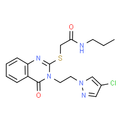 ChemSpider 2D Image | 2-({3-[2-(4-Chloro-1H-pyrazol-1-yl)ethyl]-4-oxo-3,4-dihydro-2-quinazolinyl}sulfanyl)-N-propylacetamide | C18H20ClN5O2S
