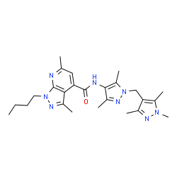 ChemSpider 2D Image | 1-Butyl-N-{3,5-dimethyl-1-[(1,3,5-trimethyl-1H-pyrazol-4-yl)methyl]-1H-pyrazol-4-yl}-3,6-dimethyl-1H-pyrazolo[3,4-b]pyridine-4-carboxamide | C25H34N8O