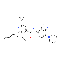 ChemSpider 2D Image | 1-Butyl-6-cyclopropyl-3-methyl-N-[7-(1-piperidinyl)-2,1,3-benzoxadiazol-4-yl]-1H-pyrazolo[3,4-b]pyridine-4-carboxamide | C26H31N7O2