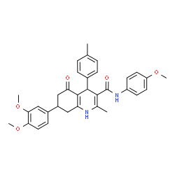 ChemSpider 2D Image | 7-(3,4-Dimethoxyphenyl)-N-(4-methoxyphenyl)-2-methyl-4-(4-methylphenyl)-5-oxo-1,4,5,6,7,8-hexahydro-3-quinolinecarboxamide | C33H34N2O5