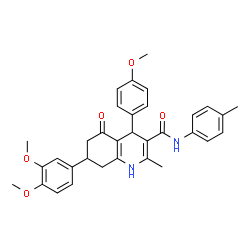 ChemSpider 2D Image | 7-(3,4-Dimethoxyphenyl)-4-(4-methoxyphenyl)-2-methyl-N-(4-methylphenyl)-5-oxo-1,4,5,6,7,8-hexahydro-3-quinolinecarboxamide | C33H34N2O5