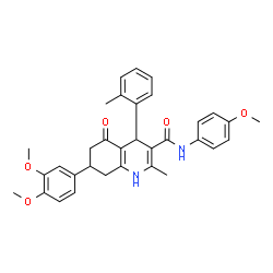 ChemSpider 2D Image | 7-(3,4-Dimethoxyphenyl)-N-(4-methoxyphenyl)-2-methyl-4-(2-methylphenyl)-5-oxo-1,4,5,6,7,8-hexahydro-3-quinolinecarboxamide | C33H34N2O5