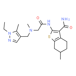 ChemSpider 2D Image | 2-({N-[(1-Ethyl-5-methyl-1H-pyrazol-4-yl)methyl]-N-methylglycyl}amino)-6-methyl-4,5,6,7-tetrahydro-1-benzothiophene-3-carboxamide | C20H29N5O2S