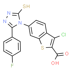ChemSpider 2D Image | 3-chloro-6-[3-(4-fluorophenyl)-5-sulfanyl-4H-1,2,4-triazol-4-yl]-1-benzothiophene-2-carboxylic acid | C17H9ClFN3O2S2