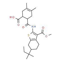 ChemSpider 2D Image | 6-{[3-(Methoxycarbonyl)-6-(2-methyl-2-butanyl)-4,5,6,7-tetrahydro-1-benzothiophen-2-yl]carbamoyl}-3,4-dimethyl-3-cyclohexene-1-carboxylic acid | C25H35NO5S