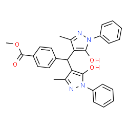 ChemSpider 2D Image | Methyl 4-[bis(5-hydroxy-3-methyl-1-phenyl-1H-pyrazol-4-yl)methyl]benzoate | C29H26N4O4