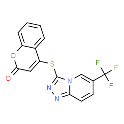 ChemSpider 2D Image | 4-{[6-(Trifluoromethyl)[1,2,4]triazolo[4,3-a]pyridin-3-yl]sulfanyl}-2H-chromen-2-one | C16H8F3N3O2S