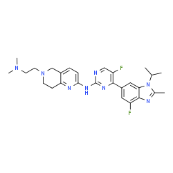 ChemSpider 2D Image | 6-[2-(Dimethylamino)ethyl]-N-[5-fluoro-4-(4-fluoro-1-isopropyl-2-methyl-1H-benzimidazol-6-yl)-2-pyrimidinyl]-5,6,7,8-tetrahydro-1,6-naphthyridin-2-amine | C27H32F2N8
