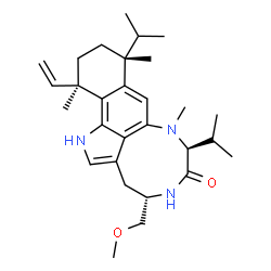 ChemSpider 2D Image | (4S,7S,10R,13R)-7,10-Diisopropyl-4-(methoxymethyl)-8,10,13-trimethyl-13-vinyl-1,3,4,5,7,8,10,11,12,13-decahydro-6H-benzo[g][1,4]diazonino[7,6,5-cd]indol-6-one | C29H43N3O2