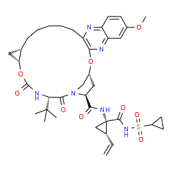 ChemSpider 2D Image | (1R,18S,20R,24S,27S)-N-{(1S,2S)-1-[(Cyclopropylsulfonyl)carbamoyl]-2-vinylcyclopropyl}-7-methoxy-24-(2-methyl-2-propanyl)-22,25-dioxo-2,21-dioxa-4,11,23,26-tetraazapentacyclo[24.2.1.0~3,12~.0~5,10~.0~
18,20~]nonacosa-3(12),4,6,8,10-pentaene-27-carboxamide | C38H50N6O9S