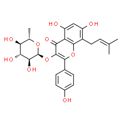 ChemSpider 2D Image | 5,7-Dihydroxy-2-(4-hydroxyphenyl)-8-(3-methyl-2-buten-1-yl)-4-oxo-4H-chromen-3-yl 6-deoxy-alpha-L-glucopyranoside | C26H28O10