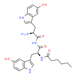 ChemSpider 2D Image | N-[(2S)-1-{[(2S)-2-Amino-3-(5-hydroxy-1H-indol-3-yl)propanoyl]amino}-3-(5-hydroxy-1H-indol-3-yl)-1-oxo-2-propanyl]hexanamide | C28H33N5O5