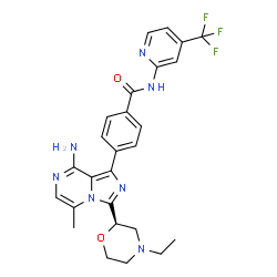 ChemSpider 2D Image | 4-{8-Amino-3-[(2R)-4-ethyl-2-morpholinyl]-5-methylimidazo[1,5-a]pyrazin-1-yl}-N-[4-(trifluoromethyl)-2-pyridinyl]benzamide | C26H26F3N7O2