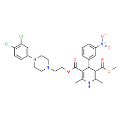 ChemSpider 2D Image | 2-[4-(3,4-Dichlorophenyl)-1-piperazinyl]ethyl methyl 2,6-dimethyl-4-(3-nitrophenyl)-1,4-dihydro-3,5-pyridinedicarboxylate | C28H30Cl2N4O6