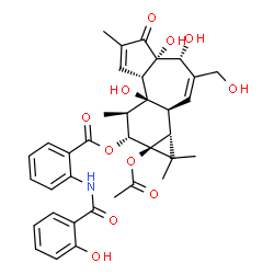 ChemSpider 2D Image | (1aR,1bS,4R,4aS,7aS,7bS,8R,9R,9aS)-9a-Acetoxy-4,4a,7b-trihydroxy-3-(hydroxymethyl)-1,1,6,8-tetramethyl-5-oxo-1a,1b,4,4a,5,7a,7b,8,9,9a-decahydro-1H-cyclopropa[3,4]benzo[1,2-e]azulen-9-yl 2-[(2-hydroxy
benzoyl)amino]benzoate | C36H39NO11