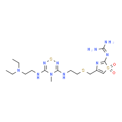 ChemSpider 2D Image | 2-{4-[({2-[(5-{[2-(Diethylamino)ethyl]amino}-4-methyl-4H-1,2,4,6-thiatriazin-3-yl)amino]ethyl}sulfanyl)methyl]-1,1-dioxido-1,3-thiazol-2-yl}guanidine | C16H30N10O2S3