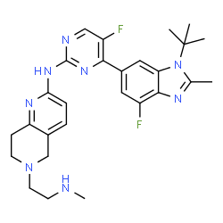 ChemSpider 2D Image | N-{5-Fluoro-4-[4-fluoro-2-methyl-1-(2-methyl-2-propanyl)-1H-benzimidazol-6-yl]-2-pyrimidinyl}-6-[2-(methylamino)ethyl]-5,6,7,8-tetrahydro-1,6-naphthyridin-2-amine | C27H32F2N8