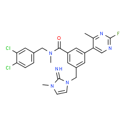ChemSpider 2D Image | N-(3,4-Dichlorobenzyl)-3-(2-fluoro-4-methyl-5-pyrimidinyl)-5-[(2-imino-3-methyl-2,3-dihydro-1H-imidazol-1-yl)methyl]-N-methylbenzamide | C25H23Cl2FN6O