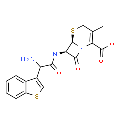 ChemSpider 2D Image | (6R,7R)-7-{[Amino(1-benzothiophen-3-yl)acetyl]amino}-3-methyl-8-oxo-5-thia-1-azabicyclo[4.2.0]oct-2-ene-2-carboxylic acid | C18H17N3O4S2