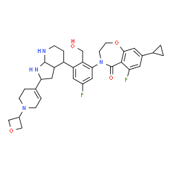 ChemSpider 2D Image | 8-Cyclopropyl-6-fluoro-4-[5-fluoro-2-(hydroxymethyl)-3-{2-[1-(3-oxetanyl)-1,2,3,6-tetrahydro-4-pyridinyl]octahydro-1H-pyrrolo[2,3-b]pyridin-4-yl}phenyl]-3,4-dihydro-1,4-benzoxazepin-5(2H)-one | C34H40F2N4O4