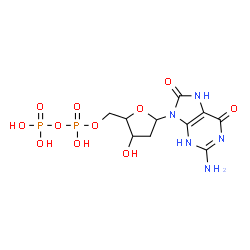 ChemSpider 2D Image | 2-Amino-9-{2-deoxy-5-O-[hydroxy(phosphonooxy)phosphoryl]pentofuranosyl}-7,9-dihydro-3H-purine-6,8-dione | C10H15N5O11P2