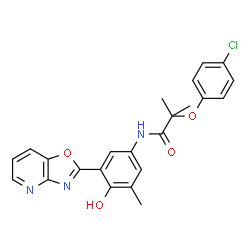 ChemSpider 2D Image | 2-(4-Chlorophenoxy)-N-[4-hydroxy-3-methyl-5-([1,3]oxazolo[4,5-b]pyridin-2-yl)phenyl]-2-methylpropanamide | C23H20ClN3O4