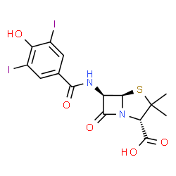ChemSpider 2D Image | (2S,5R,6R)-6-[(4-Hydroxy-3,5-diiodobenzoyl)amino]-3,3-dimethyl-7-oxo-4-thia-1-azabicyclo[3.2.0]heptane-2-carboxylic acid | C15H14I2N2O5S