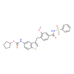 ChemSpider 2D Image | Cyclopentyl (3-{2-methoxy-4-[(phenylsulfonyl)carbamoyl]benzyl}-1-benzothiophen-5-yl)carbamate | C29H28N2O6S2